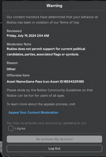 a screenshot of a warning on a roblox website