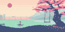 a pixel art of a man in a boat near a swing