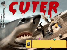 a poster for cuter shows a shark attacking a person