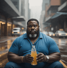 a man in a blue shirt is holding a bottle of orange liquid