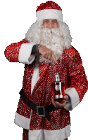 a man dressed as santa claus is holding a bottle of whisky