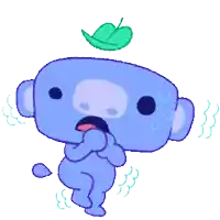 a blue cartoon character with a leaf on top of his head