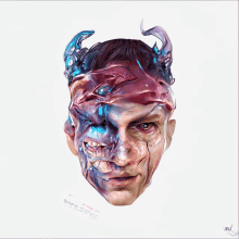 a painting of a man 's face with horns and the letters au on the bottom right