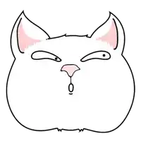 a cartoon drawing of a white cat with a pink nose and ears making a funny face .