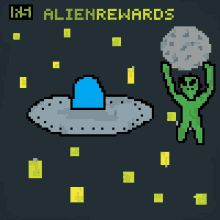 a pixel art of an alien holding a moon and a flying saucer with the words alienrewards below it