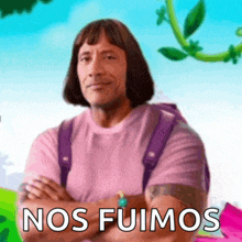 a man in a pink shirt with a purple backpack is standing with his arms crossed and the words nos fuimos below him