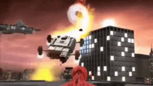 a video game scene with a helicopter flying over a city and a building on fire .