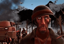 a cartoon soldier is standing in front of a group of soldiers in a battle scene .