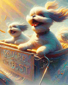 two shih tzu dogs are sitting in a sleigh with a sign that says you 're the best .