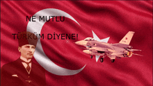 a man stands in front of a turkish flag and a fighter jet