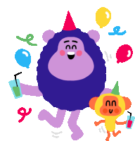 a cartoon illustration of a lion and a monkey wearing party hats and balloons