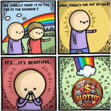 a cartoon of a man looking at a rainbow and a slot machine