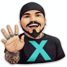 a cartoon drawing of a man with a beard wearing a black shirt with the letter x on it