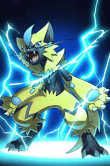 a pokemon is standing in front of a blue lightning bolt .