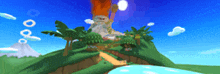 a cartoon landscape with a volcano and trees