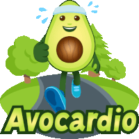 a cartoon avocado running down a road with the word avocardio below it