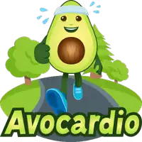 a cartoon avocado running down a road with the word avocardio below it