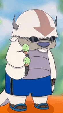 a cartoon character is wearing sunglasses and shorts and holding two ice cream cones