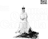 a poster for hrm queen camilla with a crown on her head