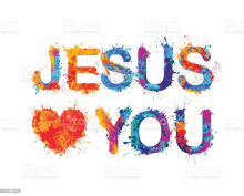 the word jesus is painted in different colors and has a heart in the middle .