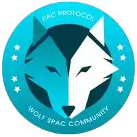 a logo for pac protocol wolf spac community with a wolf in the center