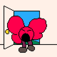 a pixel art drawing of a mouse looking out of an open door .