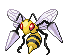 a pixel art drawing of a bee with wings and red eyes .