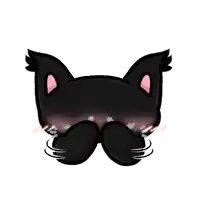 a cartoon drawing of a black cat with pink ears and a mustache