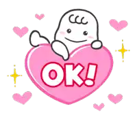 a cartoon character is holding a pink heart with the word ok on it