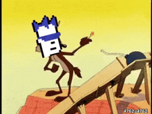 a cartoon of a coyote with a crown on his head walking down a ramp