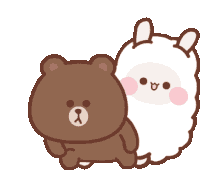 a brown bear is standing next to a white rabbit