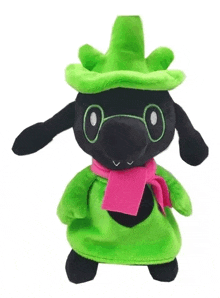 a stuffed animal with a green hat and scarf on a white background