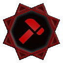 a red hammer is in a black circle with a red star .