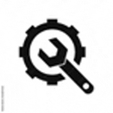 a black and white icon of a wrench in a gear on a white background .