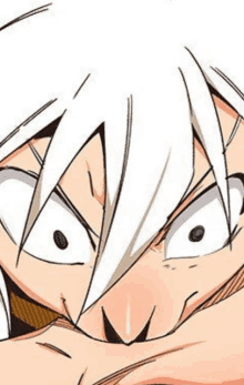 a close up of a cartoon character with white hair making a face .