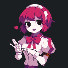 a pixel art of a girl with red hair and a bow tie