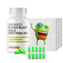 a bottle of doctor 's rx bondo blast male erection aid next to a package of green pills