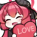 a cartoon girl with horns is holding a heart that says love .