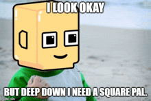 a cartoon character with a box on his head says i look okay but deep down i need a square pal ..