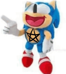 a stuffed sonic the hedgehog with a pentagram on his chest is pointing at something .