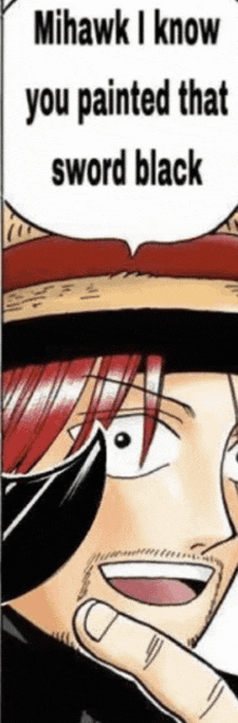 mihawk i know you painted that sword black is a cartoon of a man with red hair and a hat .