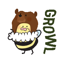 a cartoon of a bee wearing a bear hat with the word growl written below it