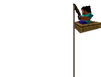 a minecraft character is sitting in a wooden box holding a fishing rod