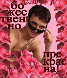 a shirtless man wearing sunglasses is surrounded by pink roses with the words " 60 жеc tbeh ho " above him