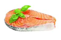 a piece of salmon with basil on top of it