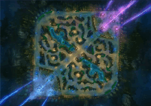 an aerial view of a video game map with purple and blue lightning