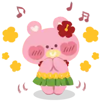 a pink teddy bear wearing a hula skirt with music notes surrounding it