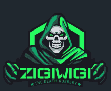 a logo for the death robbery with a skeleton in a green hood