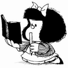 a black and white drawing of a cartoon girl reading a book