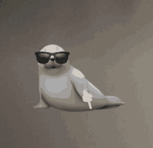 a seal wearing sunglasses is pointing at the camera